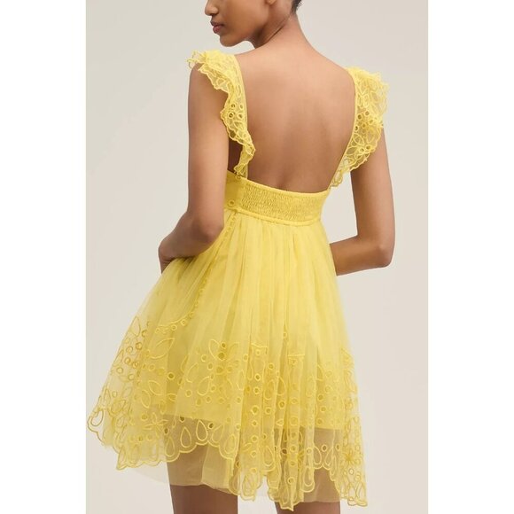 Let Me Be Eyelet Yellow Tulle Mini Dress S - Picture 3 of 4